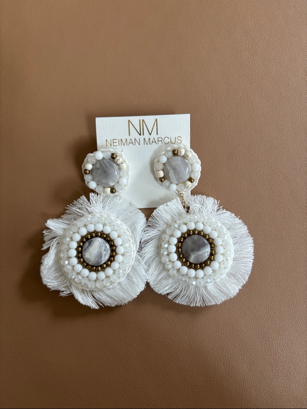 Neiman Marcus White Fringe Beaded Drop Earrings with Gold Accents